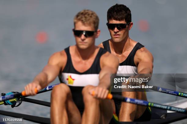Stephen Cox and Peter Purcell-Gilpin of Zimbabwe wait at the start line during Day One of the 2019 World Rowing Championships on August 25, 2019 in...