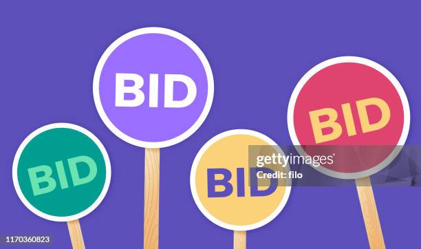 ilustraciones, imágenes clip art, dibujos animados e iconos de stock de señales de subasta de ofertas - bid