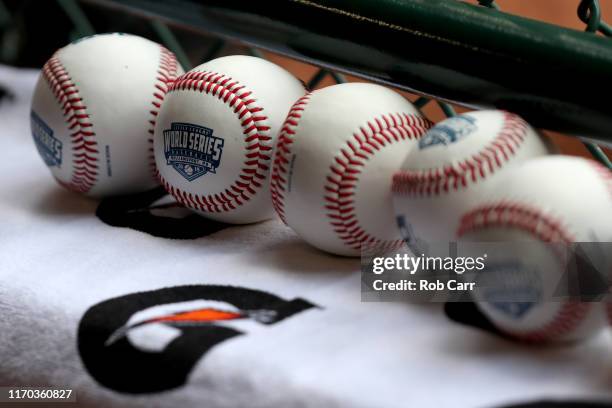 Baseballs sit on the ledge during the Championship Game of the Little League World Series between the Southwest Region team from River Ridge...