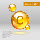 Vitamin C gold shining pill capsule icon . Vitamin complex with Chemical formula, Ascorbic acid. Shining golden substance drop. Meds for heath  ads. Treatment cold flu . Vector illustration