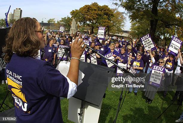 Pia Davis president of SEIU Local 73-HC, speaks during a nurse's rally October 19, 2001 in front of Cook County Hospital in Chicago. Rally...