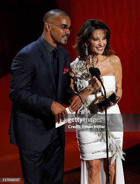 Actors Shemar Moore and Susan Lucci speak onstage during the 38th Annual Daytime Entertainment Emmy Awards held at the Las Vegas Hilton on June 19,...