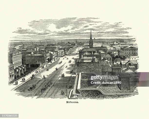 view of melbourne, australia, 19th century - australian street stock illustrations