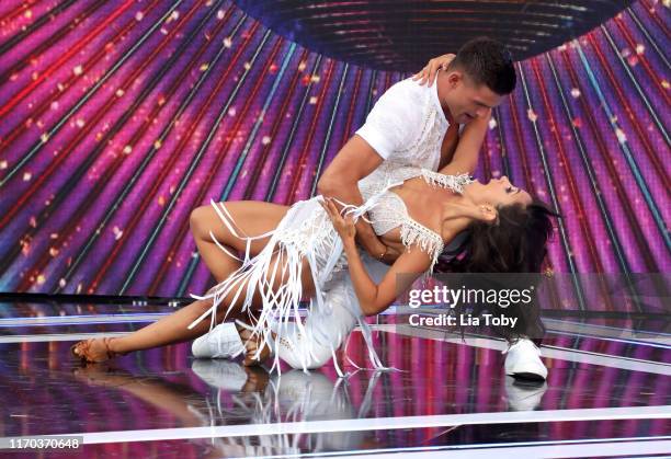 Janette Manrara and Aljaž Skorjanec on stage at the "Strictly Come Dancing" launch show at Television Centre on August 26, 2019 in London, England.