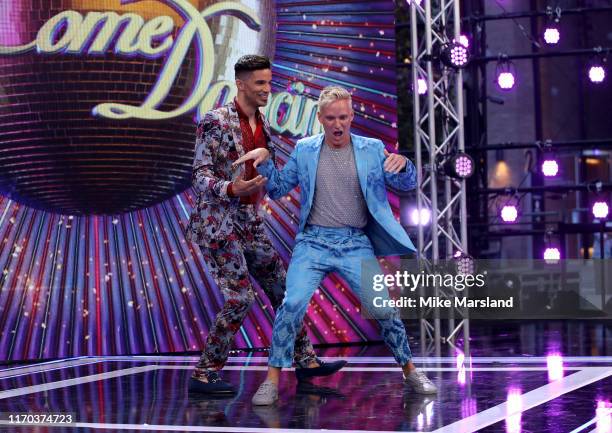 Jamie Laing and David James attend the "Strictly Come Dancing" launch show red carpet at Television Centre on August 26, 2019 in London, England.