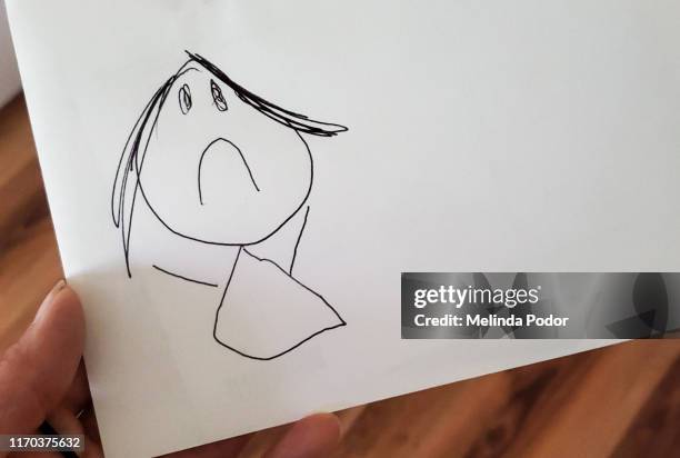 child's drawing of a sad stick figure - stick figure drawing stock pictures, royalty-free photos & images