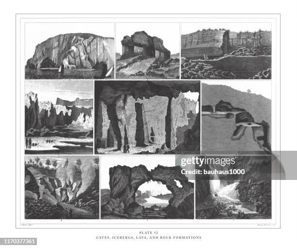 caves, icebergs, lava and rock formations engraving antique illustration, published 1851 - isle of staffa stock illustrations