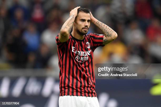 Suso of AC Milan eacts during the Serie A football match between AC Milan and FC Internazionale. Fc Internazionale won the derby 2-0 over AC Milan.