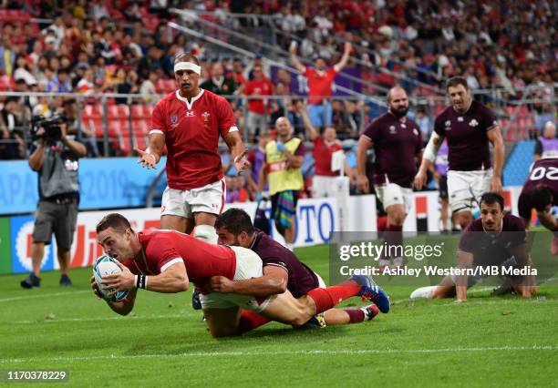 Wales' George North scores his sides sixth try during the Rugby World Cup 2019 Group D game between Wales and Georgia at City of Toyota Stadium on...