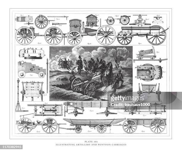 stockillustraties, clipart, cartoons en iconen met illustrerende artillerie en ponton rijtuigen gravure antieke illustratie, gepubliceerd 1851 - horse cart