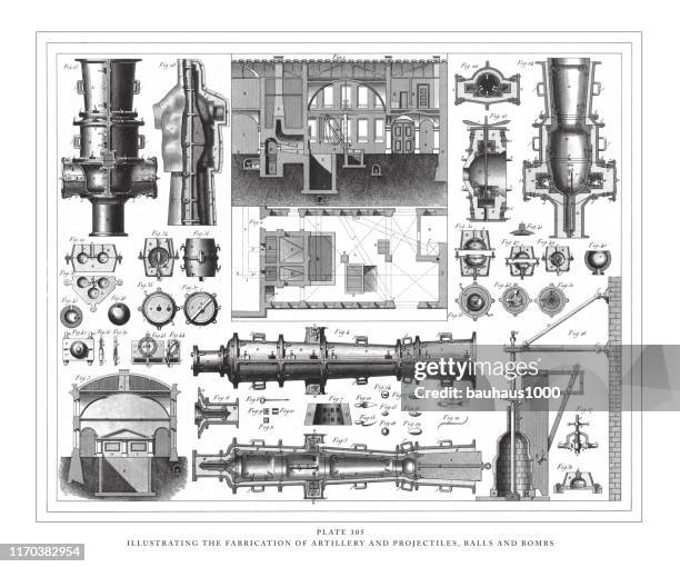 illustration der herstellung von artillerie und projektile, kugeln und bomben gravur antike illustration, veröffentlicht 1851 - bombe stock-grafiken, -clipart, -cartoons und -symbole