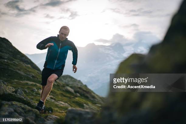 trail runner bounds along mountain meadow in the morning - forward athlete stock pictures, royalty-free photos & images