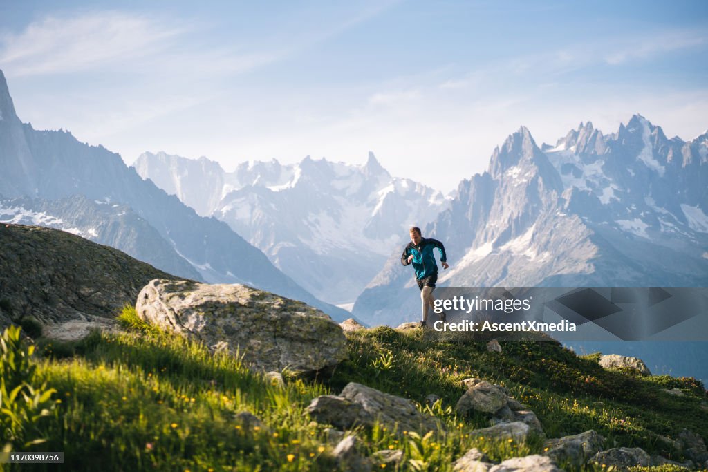 Trailläufer am Morgen auf der Bergwiese