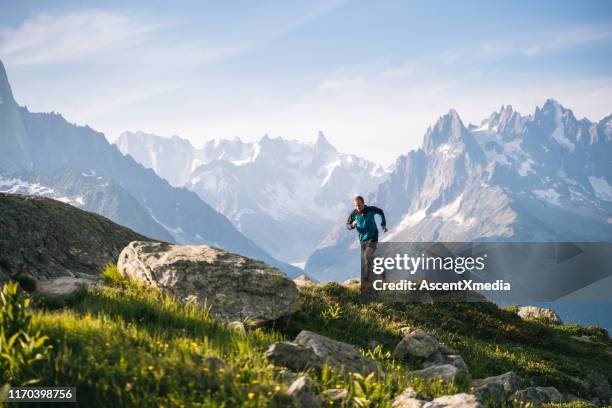 trail runner bounds a lo largo de la pradera de montaña en la mañana - auvernia ródano alpes fotografías e imágenes de stock