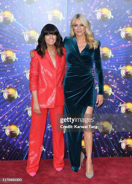 Claudia Winkleman and Tess Daly attend the "Strictly Come Dancing" launch show red carpet arrivals at Television Centre on August 26, 2019 in London,...