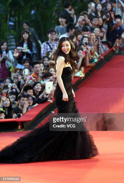 Chinese actress Zhang Jingchu arrives at the red carpet of the 14th Shanghai International Film Festival closing ceremony at Shanghai Grand Theatre...