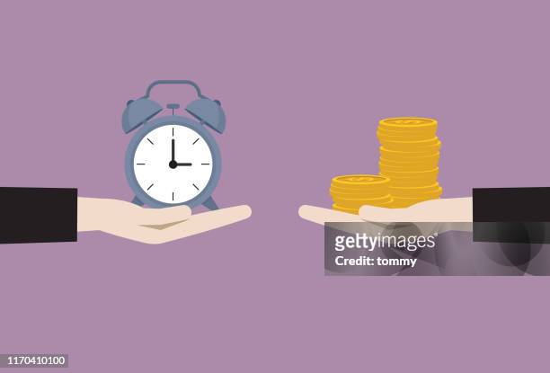businessman exchange between clock and money - clock face stock illustrations
