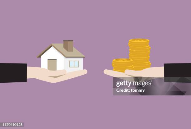 businessman exchange between house and money - interest rate stock illustrations