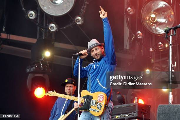 Peter Baumann and Arnim Teutoburg-Weiss of Beatsteaks performs on stage during the third and final day of Pinkpop Festival at Megaland on June 13,...