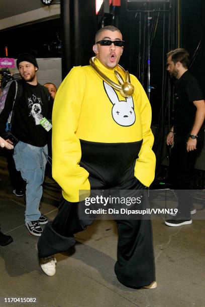 Bad Bunny poses backstage during the 2019 MTV Video Music Awards at Prudential Center on August 26, 2019 in Newark, New Jersey.