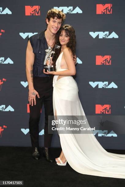 Shawn Mendes and Camila Cabello, Best Collaboration Winner, pose in the Press Room during the 2019 MTV Video Music Awards at Prudential Center on...