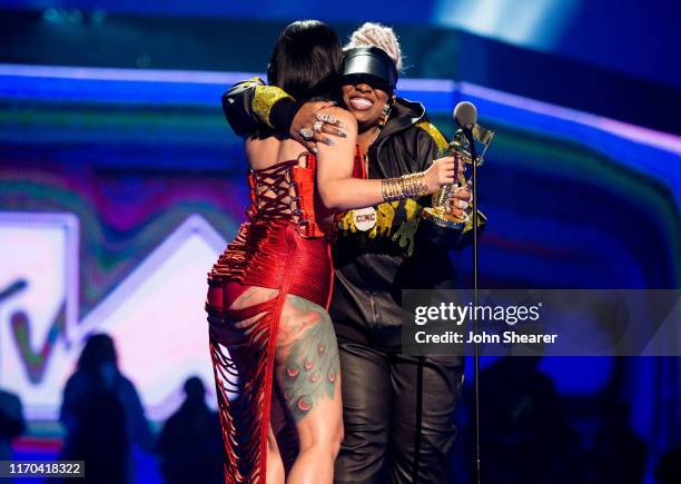 Cardi B presents the Michael Jackson Video Vanguard Award to Missy Elliott onstage during the 2019 MTV Video Music Awards at Prudential Center on...