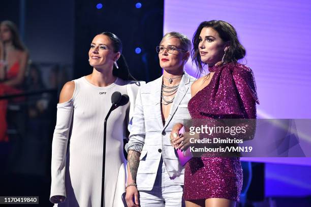 Alex Morgan, Ashlyn Harris, and Ali Krieger speak onstage during the 2019 MTV Video Music Awards at Prudential Center on August 26, 2019 in Newark,...