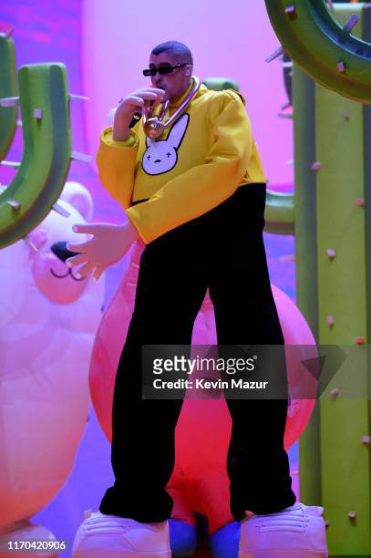 Bad Bunny performs onstage during the 2019 MTV Video Music Awards at Prudential Center on August 26, 2019 in Newark, New Jersey.