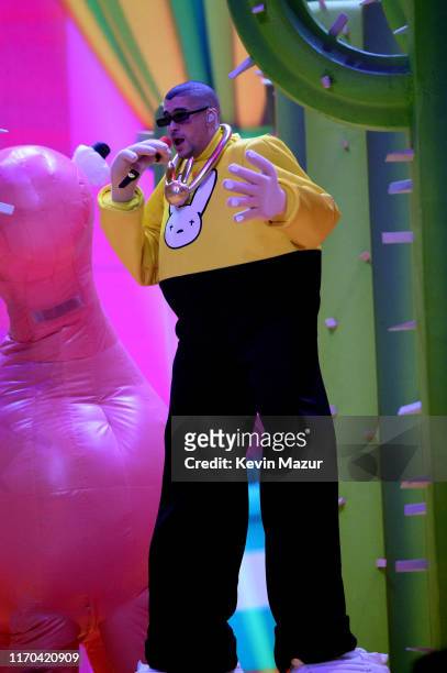 Bad Bunny performs onstage during the 2019 MTV Video Music Awards at Prudential Center on August 26, 2019 in Newark, New Jersey.