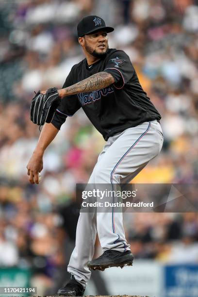 Hector Noesi of the Miami Marlins pitches against the Colorado Rockies at Coors Field on August 17, 2019 in Denver, Colorado.