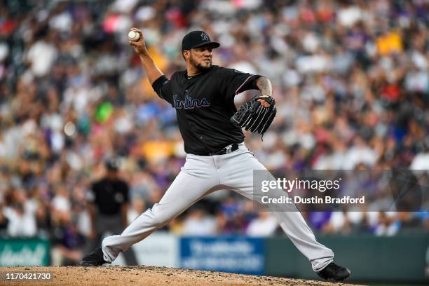 Hector Noesi of the Miami Marlins pitches against the Colorado Rockies at Coors Field on August 17, 2019 in Denver, Colorado.