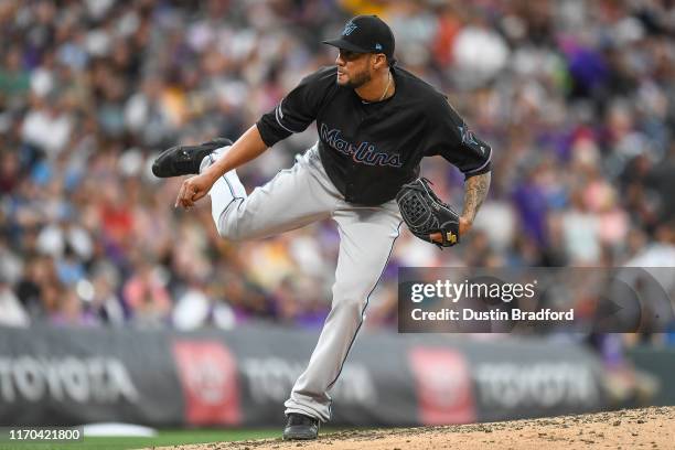 Hector Noesi of the Miami Marlins pitches against the Colorado Rockies at Coors Field on August 17, 2019 in Denver, Colorado.