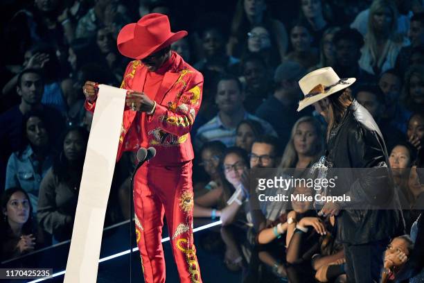 Lil Nas X and Billy Ray Cyrus onstage during the 2019 MTV Video Music Awards at Prudential Center on August 26, 2019 in Newark, New Jersey.