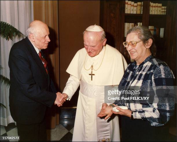 Physicist Andrei Sakharov and his wife Yelena Bonner meet Pope John Paul II on February 6, 1989 in Vatican City, Vatican.