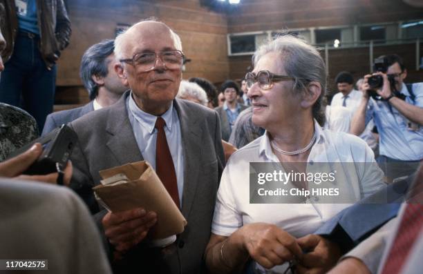 Andrei Sakharov with his wife Yelena Bonner during a press conference held on March 6, 1988 in Moscow, Russia.