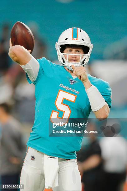 Jake Rudock of the Miami Dolphins warms up prior to the preseason game against the Jacksonville Jaguars at Hard Rock Stadium on August 22, 2019 in...