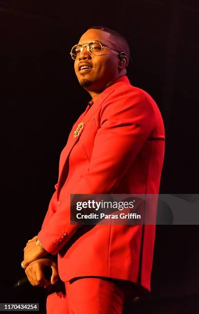 Rapper Nas performs in concert during 'The Royalty Tour' at Cellairis Amphitheatre at Lakewood on August 26, 2019 in Atlanta, Georgia.