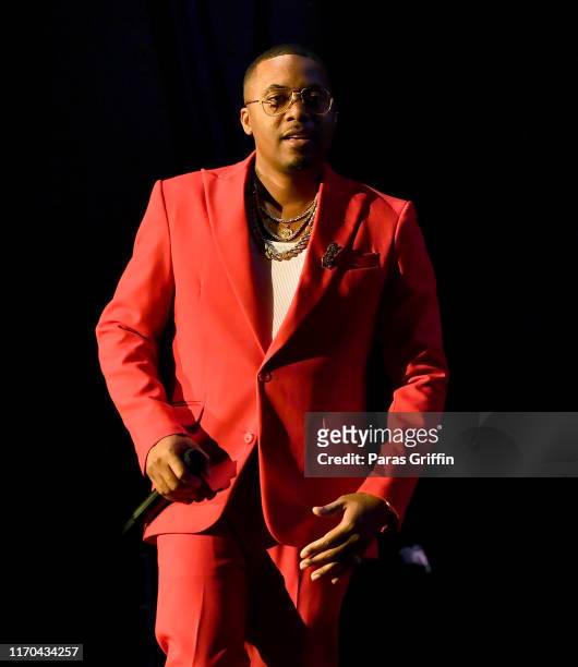 Rapper Nas performs in concert during 'The Royalty Tour' at Cellairis Amphitheatre at Lakewood on August 26, 2019 in Atlanta, Georgia.