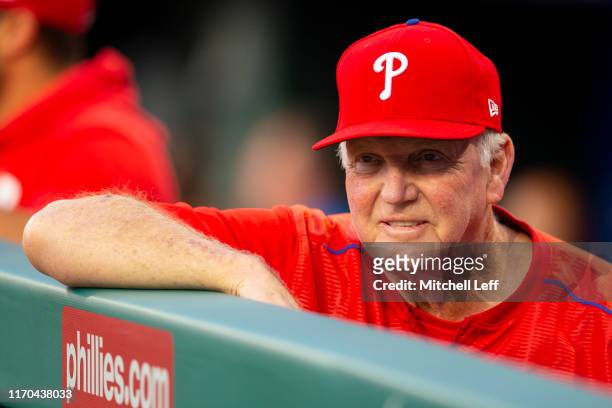 Hitting coach Charlie Manuel of the Philadelphia Phillies looks on against the Pittsburgh Pirates at Citizens Bank Park on August 26, 2019 in...