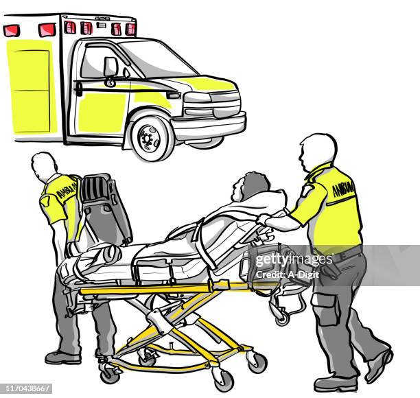 ilustraciones, imágenes clip art, dibujos animados e iconos de stock de víctima de accidente de ambulancia - técnico en urgencias médicas