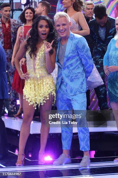Alex Scott and Jamie Laing attend the "Strictly Come Dancing" launch show red carpet at Television Centre on August 26, 2019 in London, England.