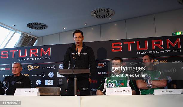 Felix Sturm of Germany, his coach Fritz Sdunek , Matthew Macklin of Ireland and his coach Joe Gallagher attend the Felix Sturm v Matthew Macklin...