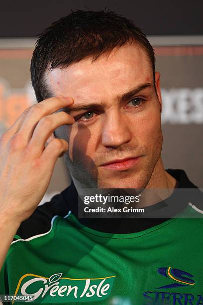 Matthew Macklin of Ireland looks on during the Felix Sturm v Matthew Macklin press conference at Hotel Im Wasserturm on June 20, 2011 in Cologne,...