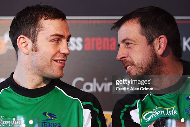 Matthew Macklin of Ireland and his coach Joe Gallagher attend the Felix Sturm v Matthew Macklin press conference at Hotel Im Wasserturm on June 20,...