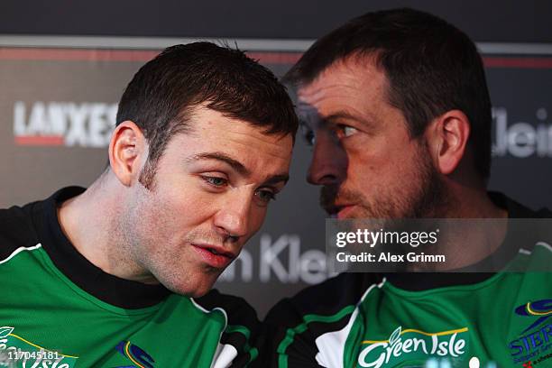 Matthew Macklin of Ireland and his coach Joe Gallagher attend the Felix Sturm v Matthew Macklin press conference at Hotel Im Wasserturm on June 20,...