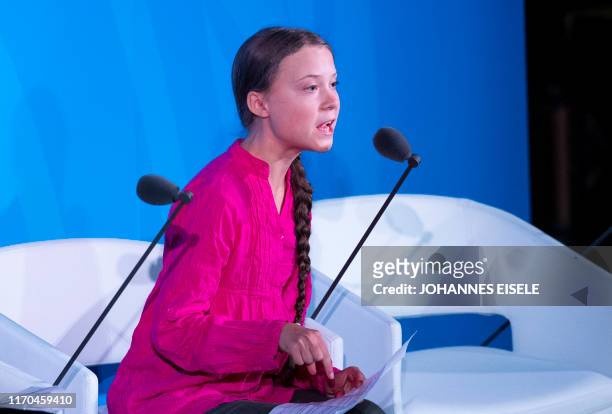 Youth Climate activist Greta Thunberg speaks during the UN Climate Action Summit on September 23, 2019 at the United Nations Headquarters in New York...