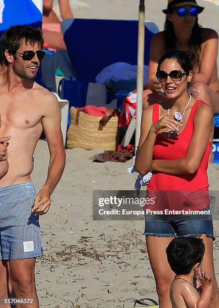 Valencia football player David Albelda, his wife Vicen Fernandez and son are seen sighting on June 20, 2011 in Ibiza, Spain.