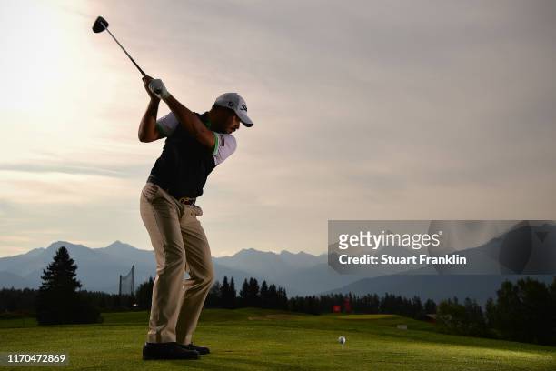 Gaganjeet Bhullar of India poses for a picture during practice prior to the start of the Omega European Masters at Crans Montana Golf Club on August...