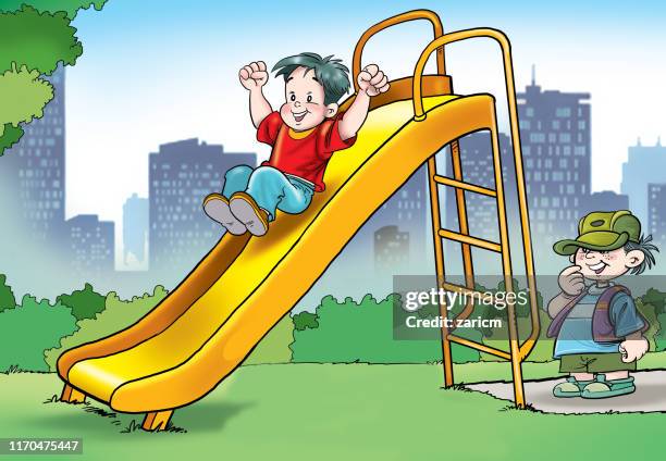kids having fun on slide on playground - toddler playground stock illustrations