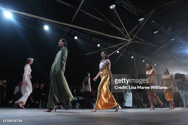 Models walk the runway during the Mercedes Benz Presents Paris Georgia show during New Zealand Fashion Week 2019 at Auckland Town Hall on August 27,...